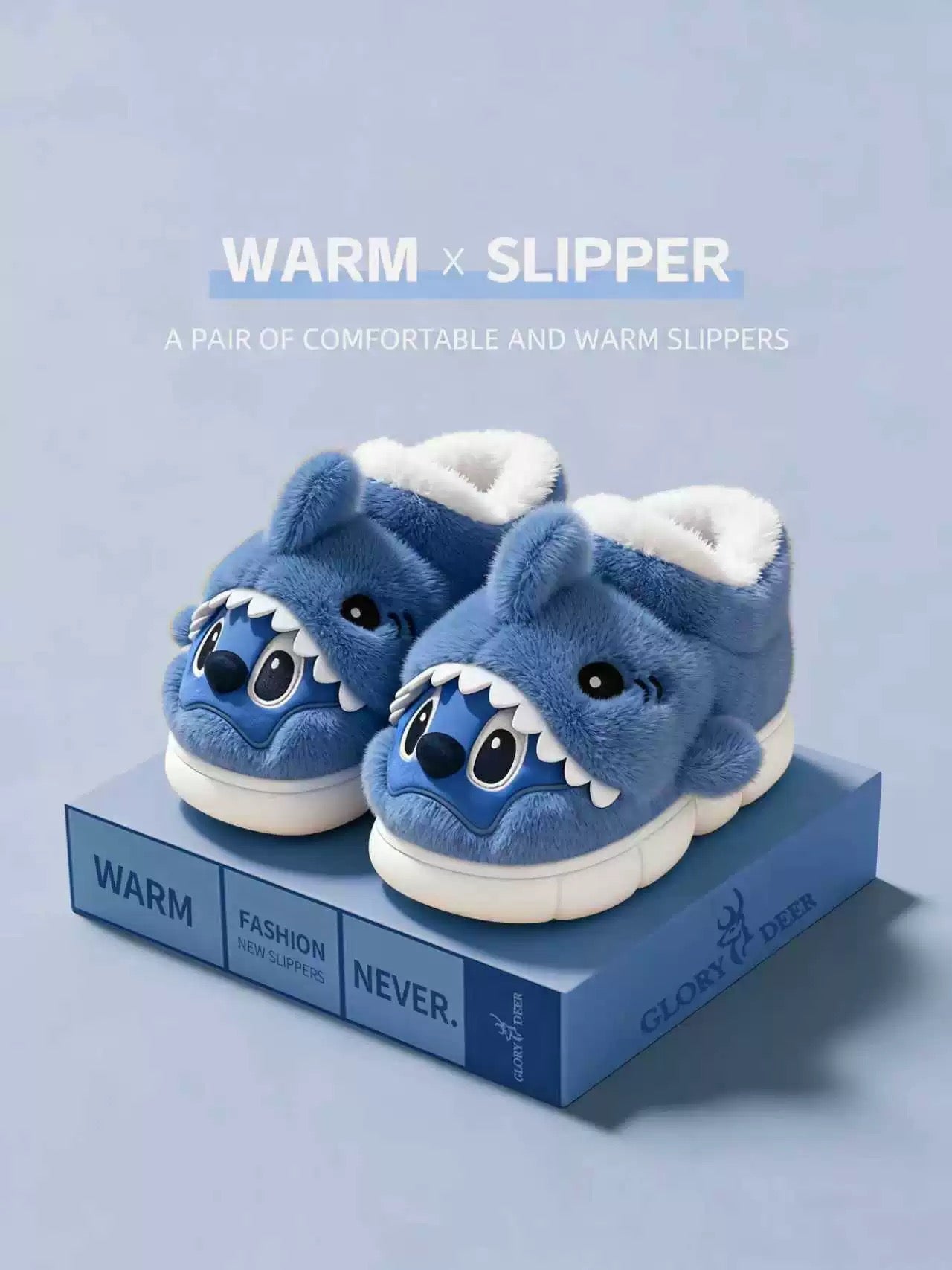 Blue shark-themed slippers on a blue box with 'Warm x Slipper' text.
