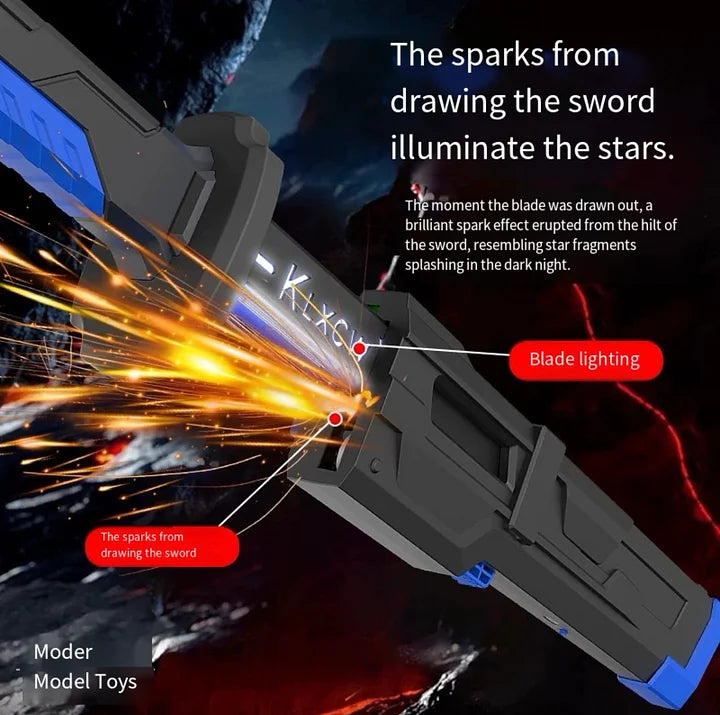Toy sword with blade lighting effect and star fragment effects against a dark space background.