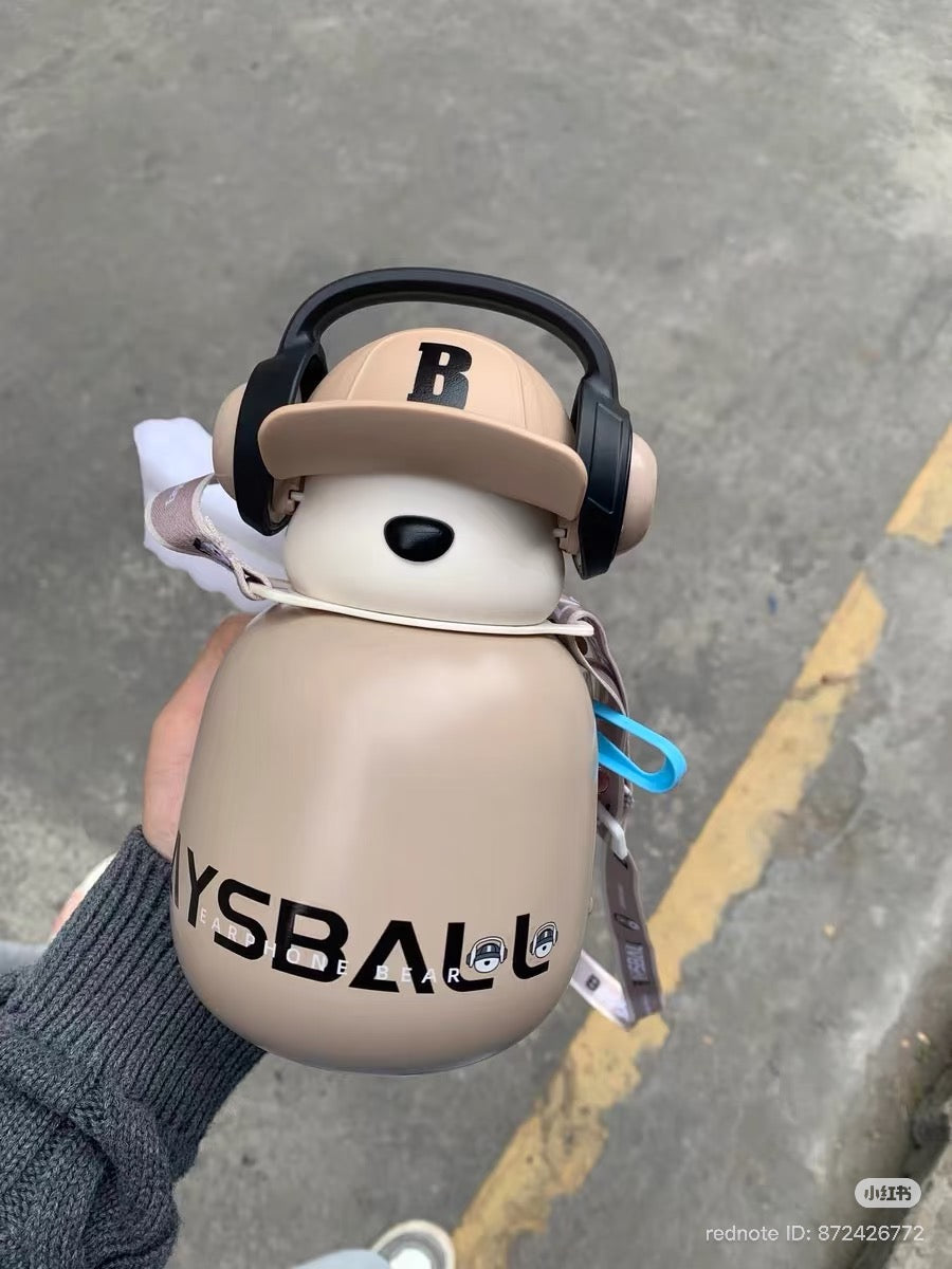 Cute Bear Water Bottle with Headphones - Kawaii Insulated Drink Bottle